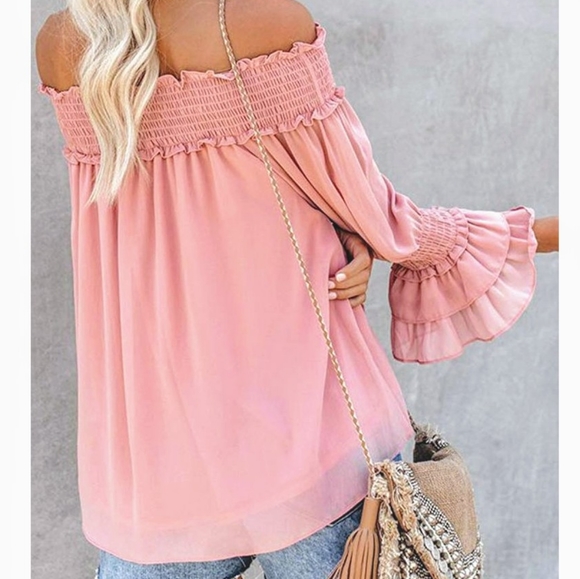 Restocked! Smocked Off Shoulder Ruffled Bell Top - Picture 2 of 6